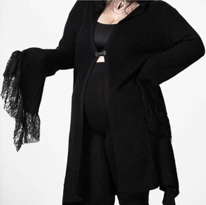 Killstar Gothic Hooded Knit Cardigan | Lace Cuffs & Ornate Clasp | Black | XL